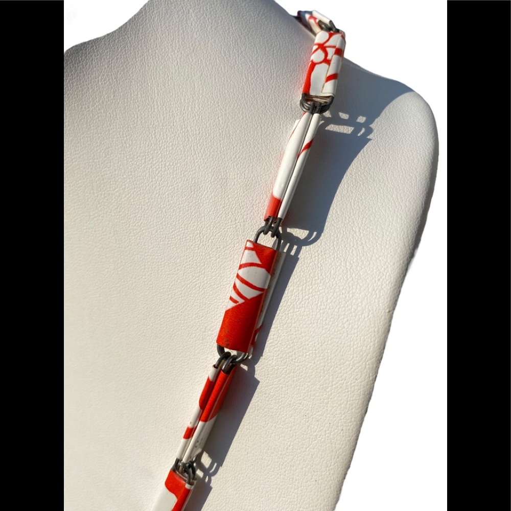 36” Handcrafted Artsy Wrapped Paperclip Necklace Shiny Orange White - Picture 7 of 8